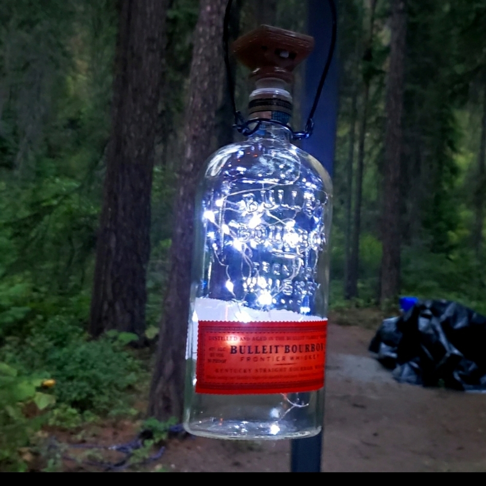 Solar Liquor Bottle Lantern ~ Hanging Bulleit Bourbon bottle with bottle lights